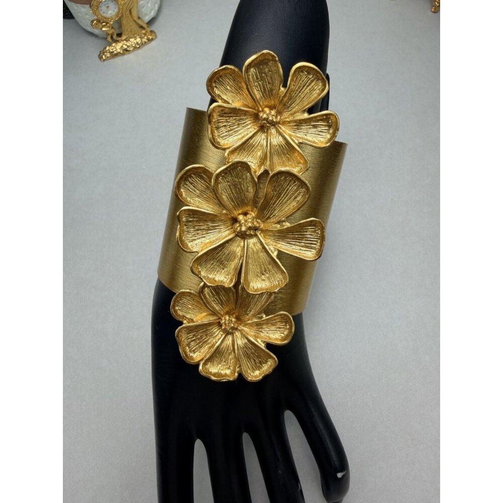 ZARA Golden Floral Wide Cuff Statement Bracelet NWOT Bold Pretty